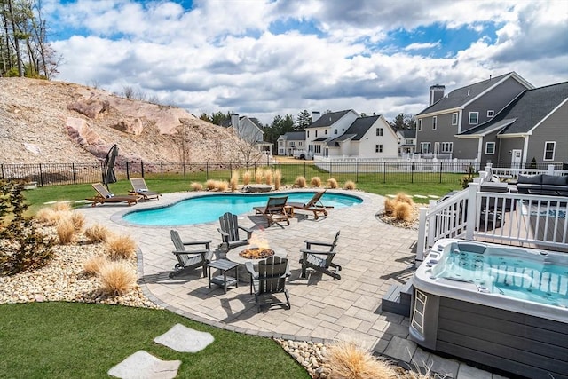 170 Lafayette Ave, Wrentham, MA 02093 - view of swimming pool featuring a hot tub, a fire pit, a residential view, a fenced backyard, and a patio area