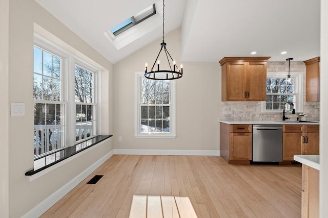 kitchen featuring dishwasher, pendant lighting, backsplash, and light hardwood / wood-style floors