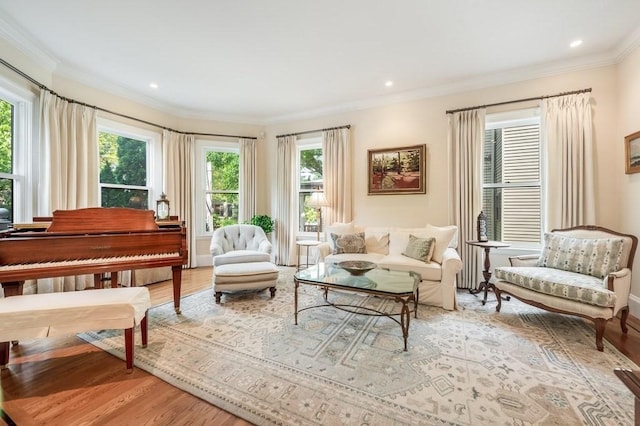 sitting room with wood-type flooring, ornamental molding, and a wealth of natural light