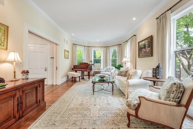 living area with ornamental molding and light hardwood / wood-style flooring