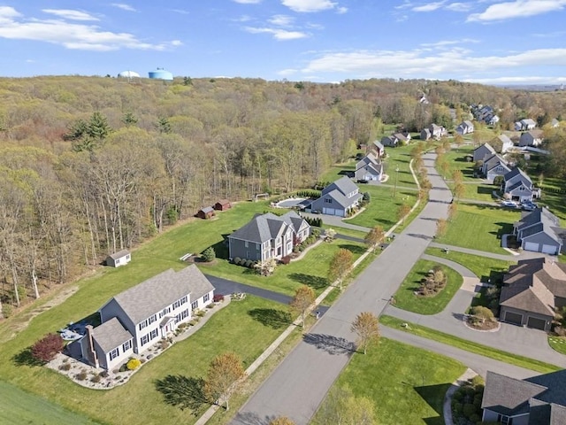 drone / aerial view featuring a view of trees and a residential view