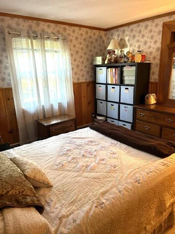 unfurnished bedroom featuring crown molding and wooden walls