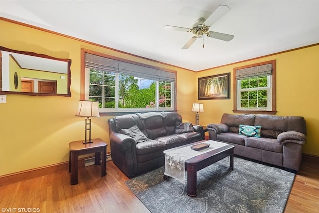 157 Hall St, Mansfield, MA 02048 - living area featuring plenty of natural light, wood finished floors, a ceiling fan, crown molding, and baseboards