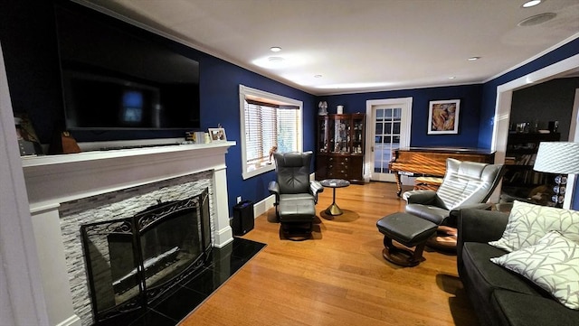 living room with hardwood / wood-style floors and a stone fireplace