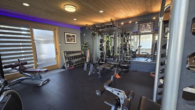 workout area featuring wooden ceiling