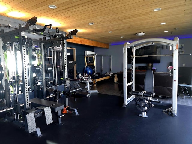 gym featuring wood ceiling