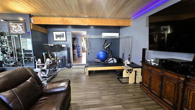 exercise area featuring hardwood / wood-style floors and wooden ceiling