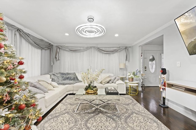 living room with dark hardwood / wood-style flooring and ornamental molding