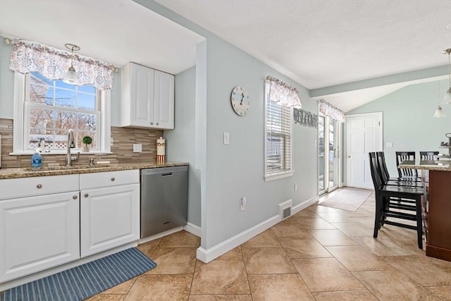 kitchen with sink, hanging light fixtures, dishwasher, stone counters, and white cabinets