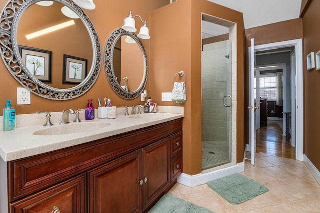 bathroom featuring tile patterned flooring, vanity, and a shower with door