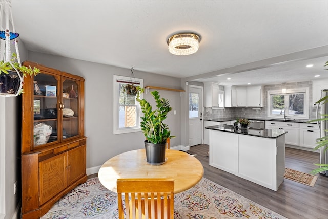 kitchen with dark countertops, dark wood finished floors, decorative backsplash, white cabinets, and stainless steel dishwasher