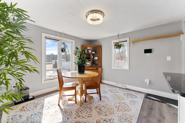 dining area with plenty of natural light, wood finished floors, visible vents, and baseboards