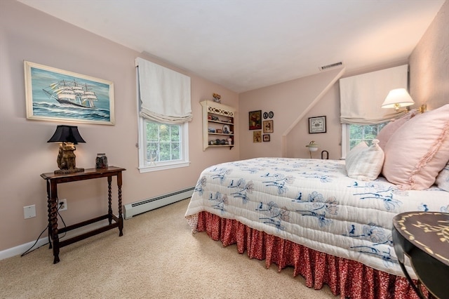 carpeted bedroom with baseboard heating