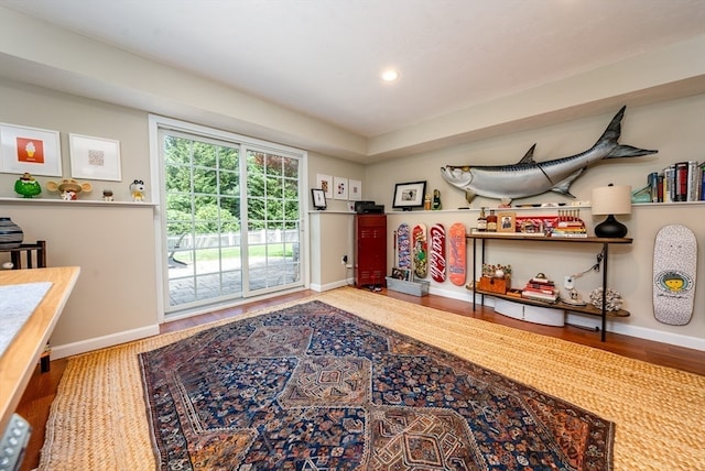 rec room with hardwood / wood-style floors