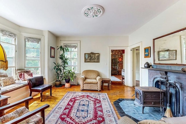 239 Arlington St, Acton, MA 01720 - living room with wood finished floors and a wood stove