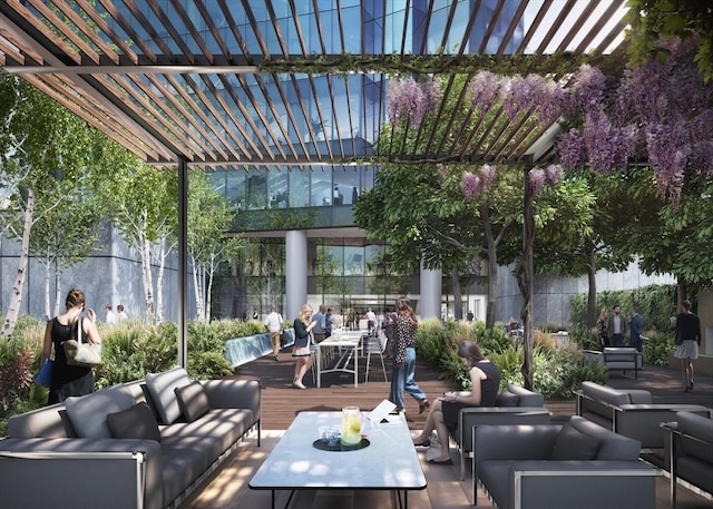 view of patio / terrace featuring a wooden deck, an outdoor living space, and a pergola