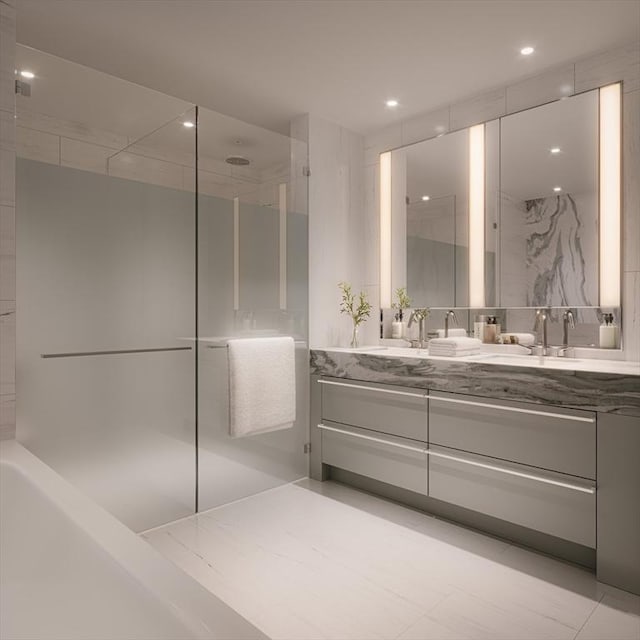 bathroom featuring vanity and a shower