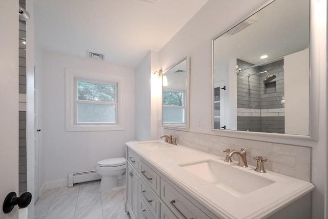 5 Betsy Ln Unit 5, Chelmsford, MA 01824 - bathroom featuring a baseboard radiator, double vanity, a tile shower, and marble look tile flooring