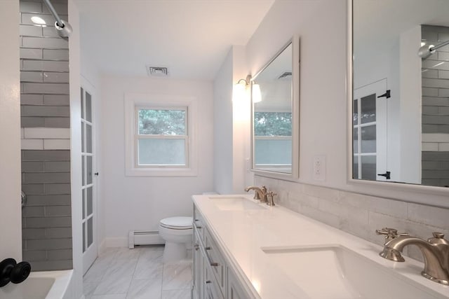 5 Betsy Ln Unit 5, Chelmsford, MA 01824 - bathroom featuring baseboard heating, double vanity, and marble look tile flooring