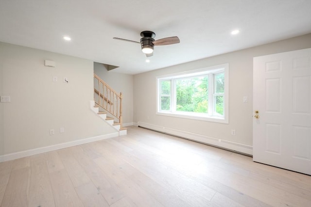 5 Betsy Ln Unit 5, Chelmsford, MA 01824 - unfurnished living room featuring baseboard heating, ceiling fan, stairs, light wood finished floors, and recessed lighting