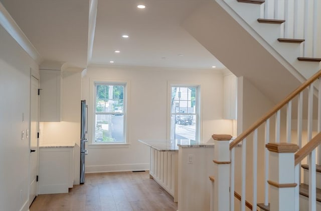 182 Merrimac St Unit 1, Newburyport, MA 01950 - stairway with crown molding, recessed lighting, and wood finished floors