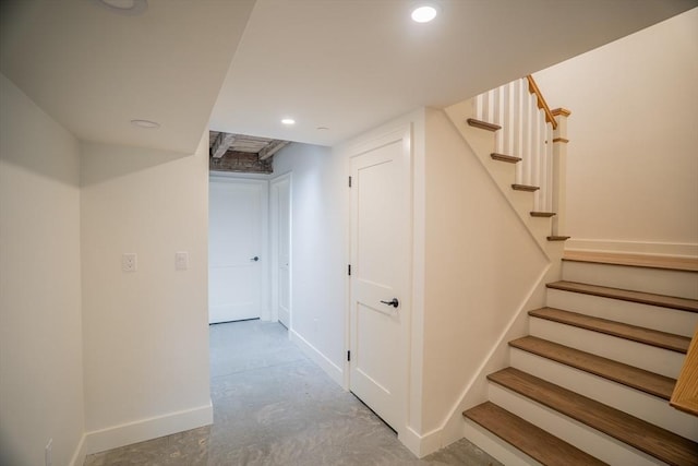 182 Merrimac St Unit 1, Newburyport, MA 01950 - staircase featuring recessed lighting and unfinished concrete floors