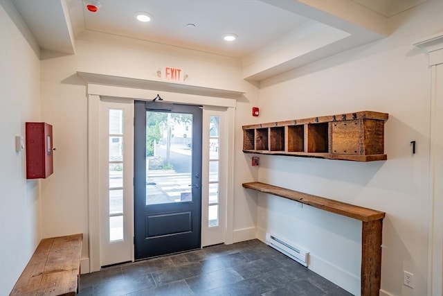 182 Merrimac St Unit 1, Newburyport, MA 01950 - entryway with baseboard heating, recessed lighting, and dark stone finish floors
