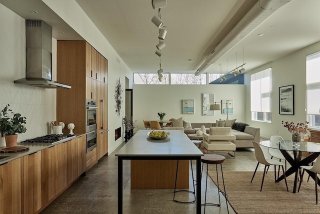 kitchen featuring wall chimney range hood, tasteful backsplash, brown cabinets, track lighting, and stainless steel appliances