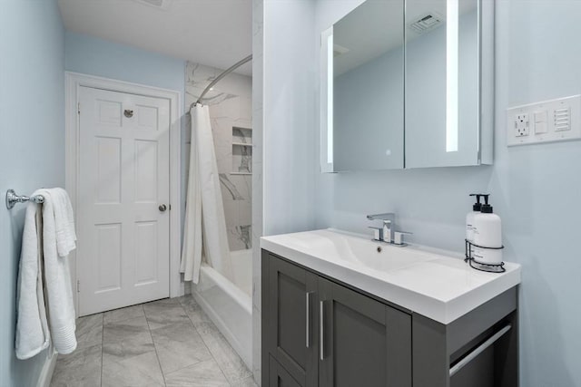 57 Glenham St, Boston, MA 02132 - full bathroom with marble finish floors, vanity, and shower / bath combo with shower curtain
