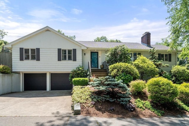 57 Glenham St, Boston, MA 02132 - ranch-style house featuring a garage, concrete driveway, and a chimney