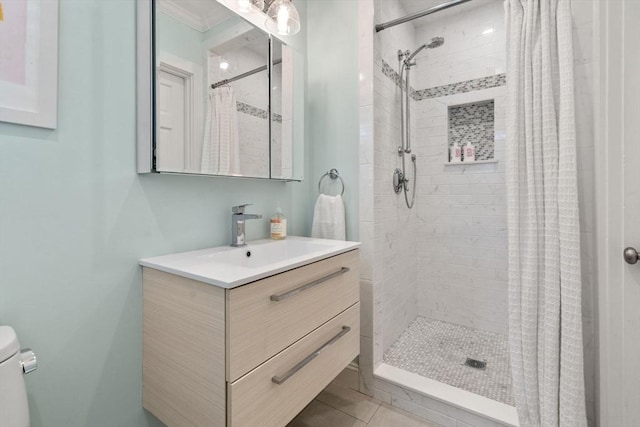 57 Glenham St, Boston, MA 02132 - full bathroom with vanity, a shower stall, and tile patterned flooring