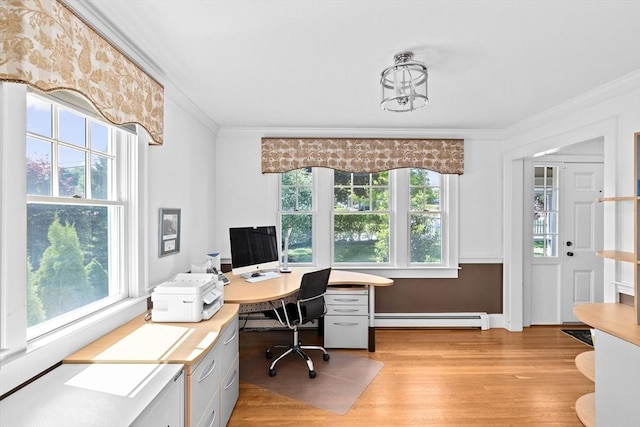 148 Pond St, Cohasset, MA 02025 - office area featuring a baseboard radiator, crown molding, and light wood finished floors