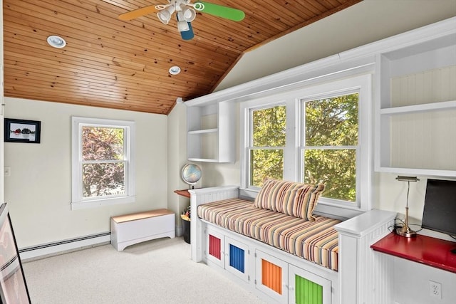 148 Pond St, Cohasset, MA 02025 - carpeted bedroom with wood ceiling, lofted ceiling, and a baseboard heating unit