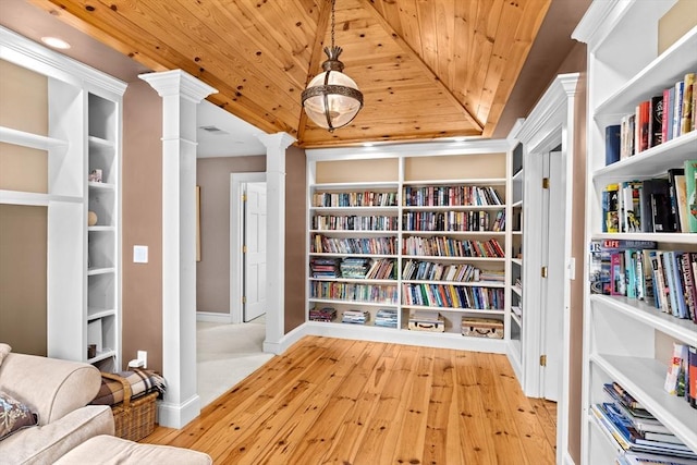148 Pond St, Cohasset, MA 02025 - sitting room featuring ornate columns, wood-type flooring, baseboards, and wood ceiling