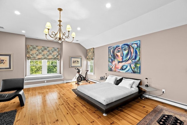 148 Pond St, Cohasset, MA 02025 - bedroom with a baseboard radiator, a chandelier, wood-type flooring, recessed lighting, and vaulted ceiling