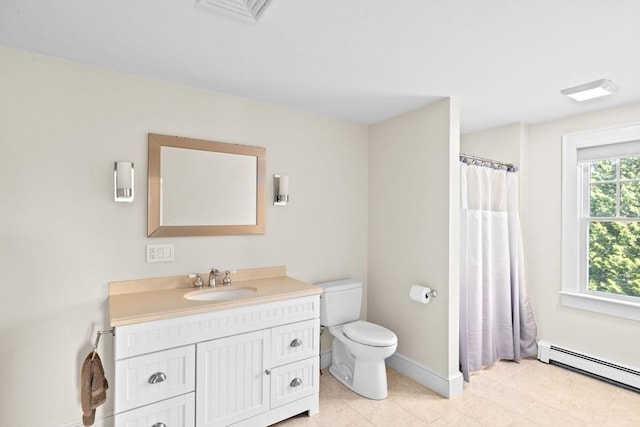 148 Pond St, Cohasset, MA 02025 - full bathroom with baseboard heating, toilet, vanity, baseboards, and a shower with shower curtain