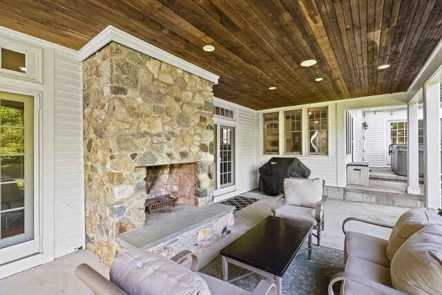 148 Pond St, Cohasset, MA 02025 - view of patio / terrace with an outdoor living space with a fireplace and area for grilling