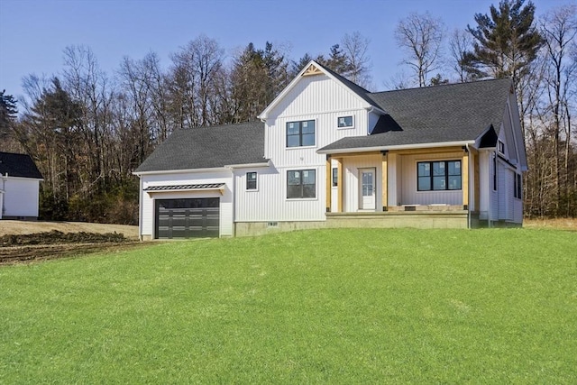 modern farmhouse style home with a front lawn, a garage, and roof with shingles