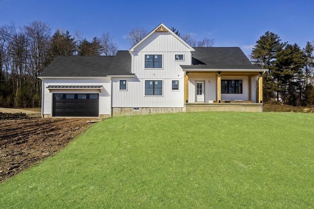 modern inspired farmhouse with a front yard, roof with shingles, and an attached garage