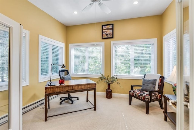 carpeted office featuring recessed lighting, a baseboard heating unit, baseboards, and a ceiling fan