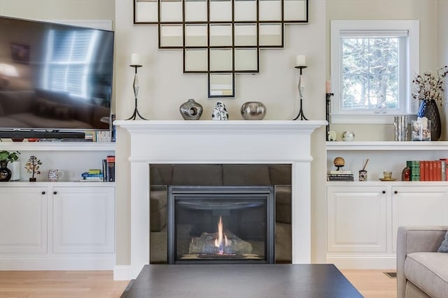 living room with a glass covered fireplace and light wood-type flooring