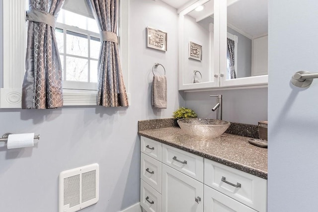 bathroom with visible vents, crown molding, vanity, and heating unit