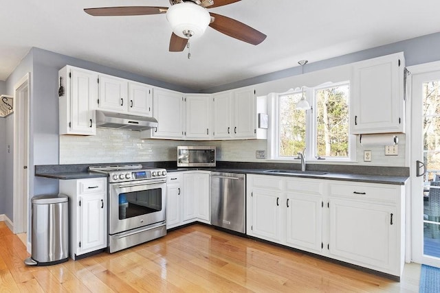 kitchen featuring dark countertops, under cabinet range hood, appliances with stainless steel finishes, and a sink