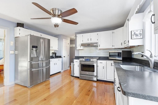 kitchen with light wood finished floors, dark countertops, stainless steel appliances, under cabinet range hood, and a sink