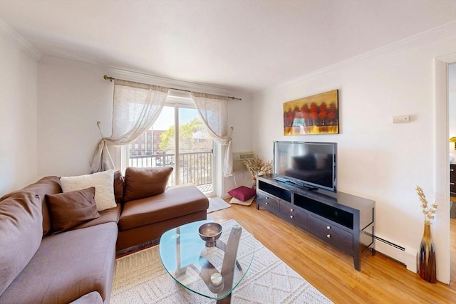 95 Maple St Unit 21, Malden, MA 02148 - living room featuring a baseboard heating unit, crown molding, and wood finished floors
