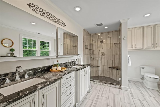 11 Ashford Ln, Andover, MA 01810 - full bath with a stall shower, double vanity, crown molding, and recessed lighting