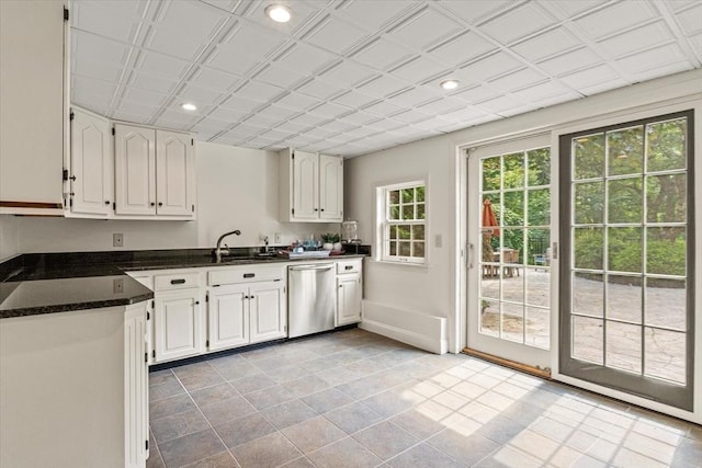 11 Ashford Ln, Andover, MA 01810 - kitchen featuring dishwasher, dark countertops, white cabinets, recessed lighting, and light tile patterned floors