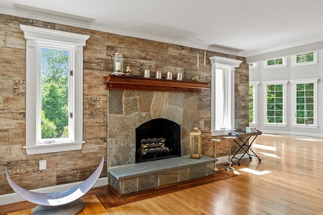 11 Ashford Ln, Andover, MA 01810 - living room with crown molding, a stone fireplace, wood finished floors, and ornate columns