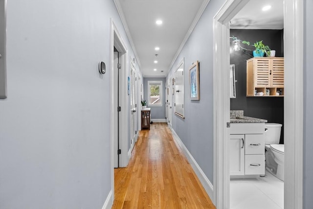 34 Colgate Rd Unit 3, Boston, MA 02131 - corridor featuring crown molding, baseboards, recessed lighting, and light wood-type flooring