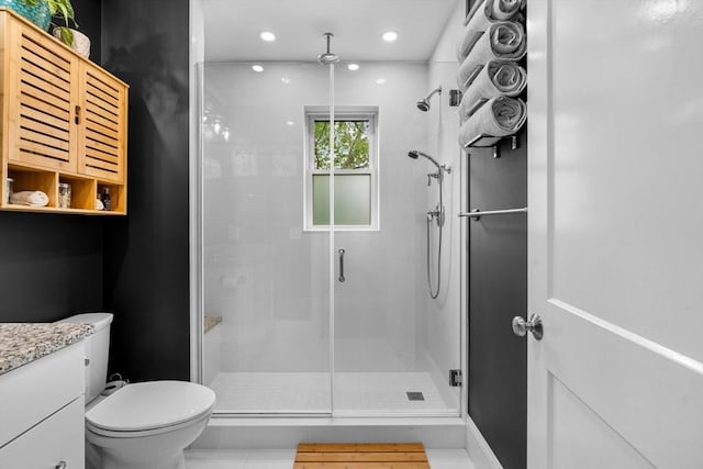 34 Colgate Rd Unit 3, Boston, MA 02131 - bathroom with a stall shower, toilet, vanity, and recessed lighting